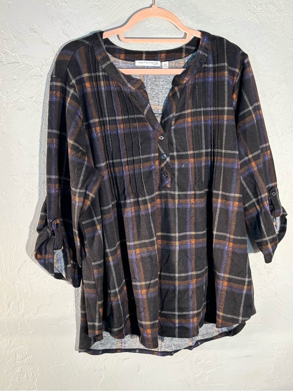 Notations Black Plaid Pintuck Henley Tunic with Roll-Tab Sleeves